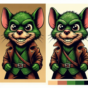 An evil cartoonish green  rat with bulging eyes, wearong leather...