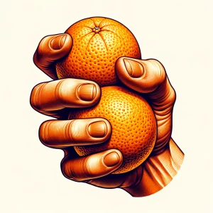 A hand tightly holding 2 oranges