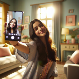 Still from a Nickelodeon sitcom, a young woman taking a selfie t...