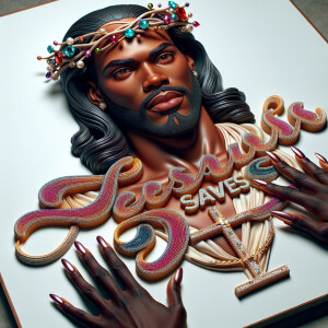 A 3D realistic artwork featuring the phrase 'Jesus Saves' adorne...