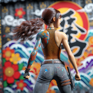 Athletic Thin skinny Attractive, Asian teenage girl, long brown hair and bangs, wearing tight skinny jeans and a halter top paint marks on her clothing, heroic pose Asian graffiti background, backside view