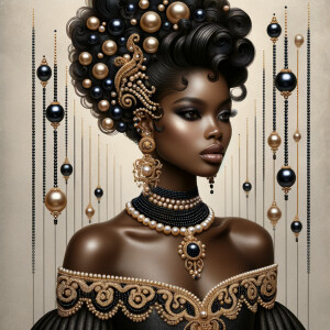 Imagine a digital portrait of a light skinned African-American Latino regal woman named KAREN Her attire and accessories are exclusively adorned with black and gold pearls. They grace her voluminous hair, styled in an elegant updo, where the black pearls form the roots and the gold pearls create the stunning curls. Her ears boast chandelier earrings, with black pearls clustered at the top, transitioning to gold pearls that dangle with delicate grace. Around her neck, a tiered necklace cascades with strands of alternating black and gold pearls, reflecting a sophisticated contrast.

Her shoulders are draped with a luxurious off-shoulder gown, the fabric's weave incorporating intricate patterns formed by black and gold pearls. The gown's texture has a subtle sheen, suggesting a high-quality material with a pearlescent finish. As a centerpiece, a grand brooch sits at her collar, with a large gold pearl surrounded by an elaborate design of smaller black pearls.

The background of the portrait features an abstract composition of floating pearls, swirling in a dance of shadows and light, emphasizing the color theme of black and gold. The name "KAREN" is discreetly integrated into the lower right corner of the artwork, blending seamlessly with the design, as if it were a signature part of the jewelry ensemble. The overall effect is one of timeless elegance, a blend of modern design and classic beauty, all tied together by the luxurious palette of black and gold.