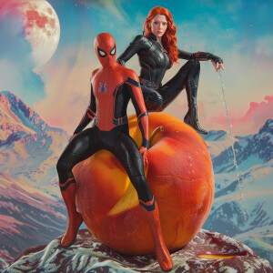 Create a vibrant and whimsical scene featuring a perfectly ripe,...