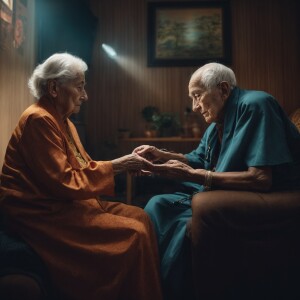 An elderly individual receiving care from a supernatural being