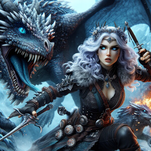 A beautiful huntress from the “Monster Hunter” series with dark...