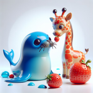A little sea Seal blue and giraffe eating strawberries with whit...