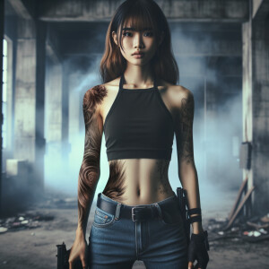 Thin Asian teen girl wearing tight jeans and a halter top Long brown hair and bangs, tattoos on her arms, athletic heroic pose