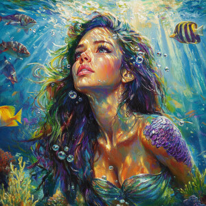 Underwater mermaid portrait, beautiful woman with iridescent pur...
