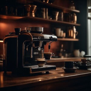 Comforting and cozy home with luxurious espresso machine pouring...
