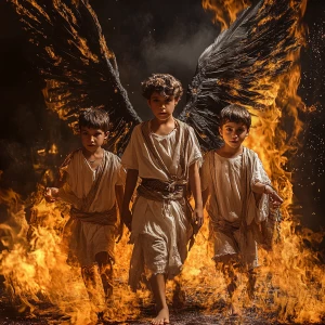 Create image of three Hebrew boys and an angel surrounded by flames but are unharmed