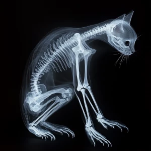 Generate a hyperrealistic image of an ethereal cat skeleton that...