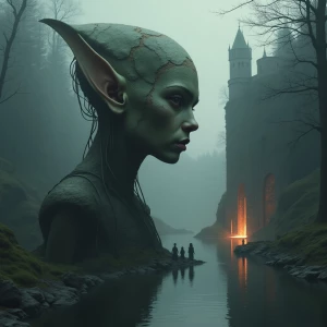 Elf with prominent
stitched face, and within the
Elf body, there is a
detailed scene of a dystopic 
castle by a cliff,
surrounded by tall
gates and lava. In this
scene, there's also 
smaller elves standing by
the castles edge,
reflecting in the lake.
The background is a
misty haunted forest, adding a
serene and mystic,ghostly haunting