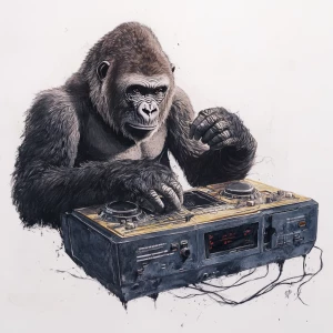 Gorilla pressing a button on a boombox