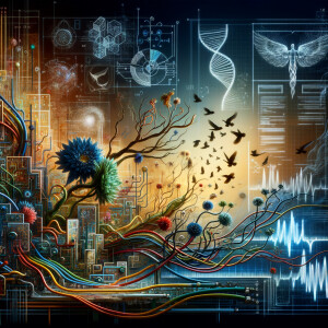 circuitry, diagrams Cellular structures, DNA, circuit boards, colorful wires,  asian and Egyptian  graffiti, lie detector graphs, cardio, printout , branches infinity sign, cave, Art, handprints, distant birds flying, flowering vines, abstract gestural painting, dna