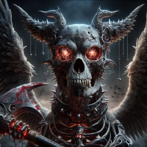 Digital realistic image of a winged pitbull skeleton in a dark,...