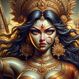 Portrait of gorgeous and angry goddess durga slaying mahishasur....
