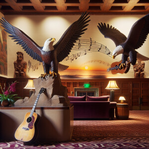 Eagles playing "Hotel California" by The Eagles in a hotel in Ca...
