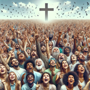 huge crowd looking up and pointing to the cross. Some are happy...