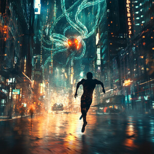 An intense cinematic moment capturing a humanoid alien sprinting...