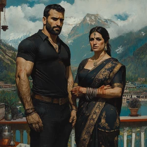 realism, a muscular, sweaty criminal man greeting guests walki...
