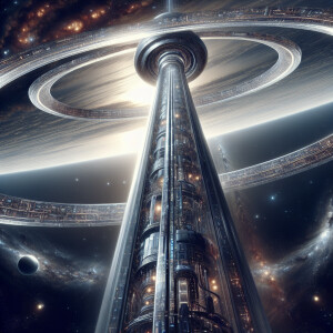 A gracefully towering space elevator, its sleek structure twisti...