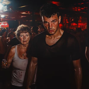 Hyperrealism,a muscular beefy sweaty man,walking entering in a...