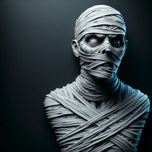 3d bas relief mummy with scary face, tightly wound bandages, sta...