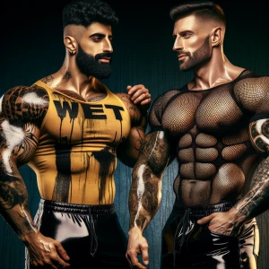 Two muscular bodybuilder men stand close together, both wearing...