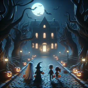 A vintage dark halloween night scene of three children trick-o-t...