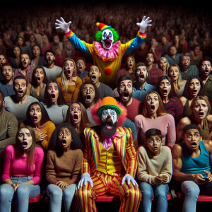 People tied to their chairs stare in horror at the scary clown w...