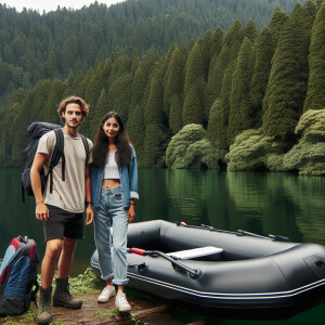 A guy and a girl are standing near Lake Yu. There is an inflatab...