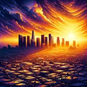 A vivid depiction of the city of Los Angeles bathed in the warm,...