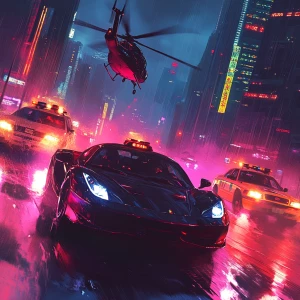 A slick gangster cat drifting a stolen sports car through city s...