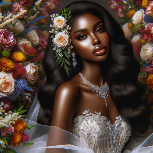 Visualize a stunning bride with a rich blend of african-American Latino heritage, her skin glowing with a soft, warm hue. Her elegant gown, a masterpiece of design, is intricately adorned with sparkling jewels that catch the light with every movement, creating a mesmerizing effect. Her long, wavy dark hair frames her face beautifully, enhancing her radiant beauty. Behind her, the backdrop is alive with an explosion of colorful flowers, each petal and leaf adding vibrancy to the scene. Amidst this floral abundance, the serene face of a brown Jesus is subtly integrated into the background, bestowing a sense of divine grace and tranquility to the composition. This image captures a moment of exquisite beauty, spiritual depth, and the celebration of love. Face of a African-American Jesus should be in the background.