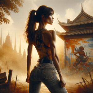 Athletic Thin skinny Attractive, Asian teenage girl, long brown hair and bangs, wearing tight skinny jeans and a halter top paint marks on her clothing, heroic pose Asian graffiti background,  backside view