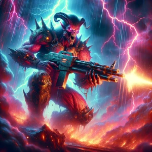 Sanguinary meat eater demon monster with a automatic machine gun...