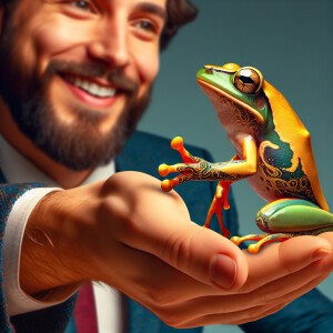 handshake, a man shakes the paw of a small beautiful frog like a...