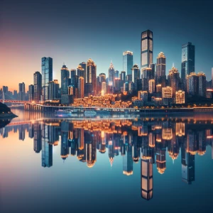 High-resolution photo of a city skyline reflected in a serene ri...