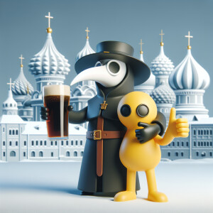 Plague doctor in the world of Fallout Vault boy, standing agains...