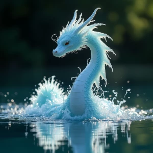 "Amidst the calm, mirror-like surface of a secluded pond, water...