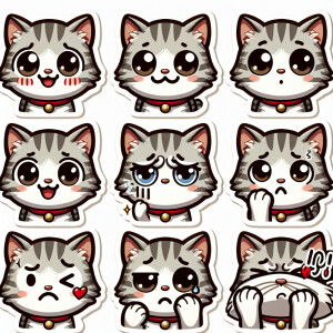 Create a sticker pack for me featuring a cute gray-and-white kit...