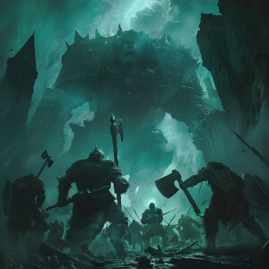 In a dark fantasy setting, a massive crest looms overhead, crush...