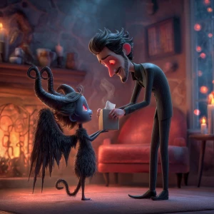 "A regular-sized man gently lifting a small female demon with el...