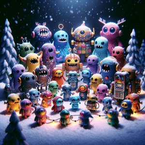Cute Monsters and robots  singing Christmas carols