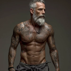 Man bodybuilder gray hair and beard covered in tattoos all over...