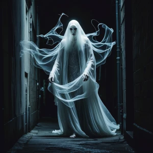 In the shadows of a deep, urban alleyway lurks a spectral being,...