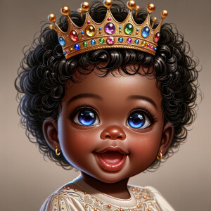 "Create a digital portrait of an adorable african-American baby girl with a joyful expression. She is wearing a gold crown with colorful jewels. Her big, bright blue eyes are wide with wonder, and her tiny mouth is shaped in a happy grin. Her skin has a warm, honey-brown tone, and she has an abundance of thick curly black hair, The background is soft and neutral to keep the focus on her delightful features. The portrait should be vibrant and heartwarming, celebrating the innocence and charm of childhood."