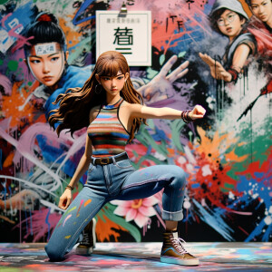 teenage girl, long brown hair and bangs, wearing tight skinny jeans and a halter top paint marks on her clothing, heroic pose Asian graffiti background, nearing on one knee