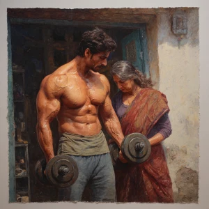 Hyperrealism painting,A muscular beefy sweaty kashmiri man doin...