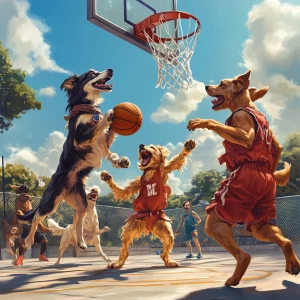 Anthropomorphic, well-muscled dogs of diverse breeds engaged in...